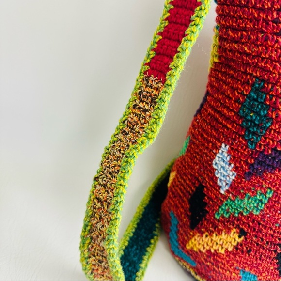 Shoulder Bucket Bag Red Crocheted Design Hippie Boho Purse Aztec Crossbody - Picture 4 of 12